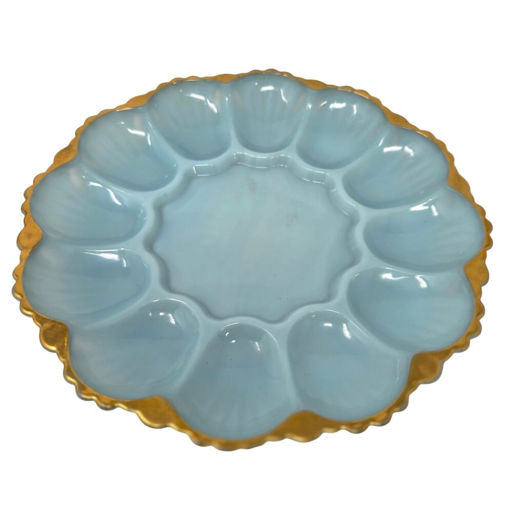 Anchor Hocking Fire-King Turquoise Blue Gold Trim Deviled Egg Plate